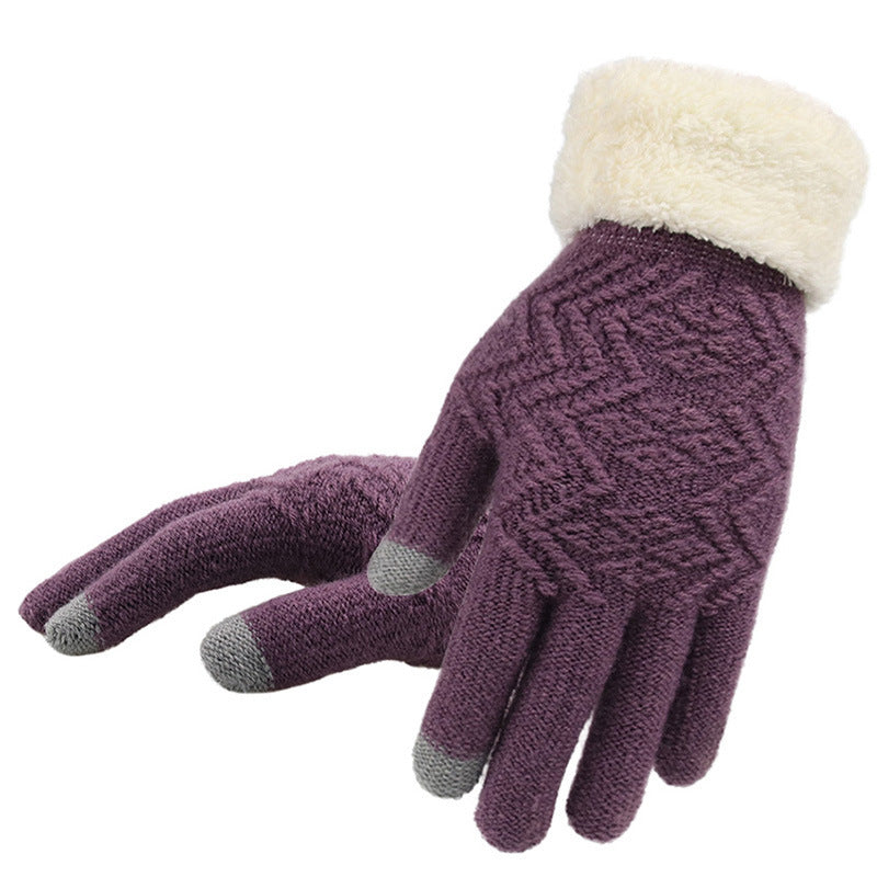 Purple gloves with white fur cuff on a white background