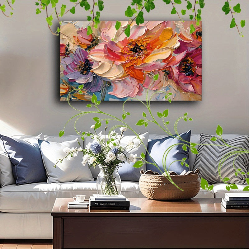 Vibrant Floral Canvas Wall Art with Wooden Frame – 32x16in
