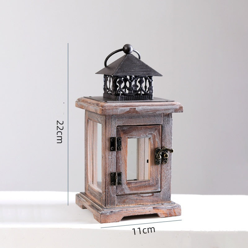 Rustic Wooden Candle Lantern with Iron and Glass