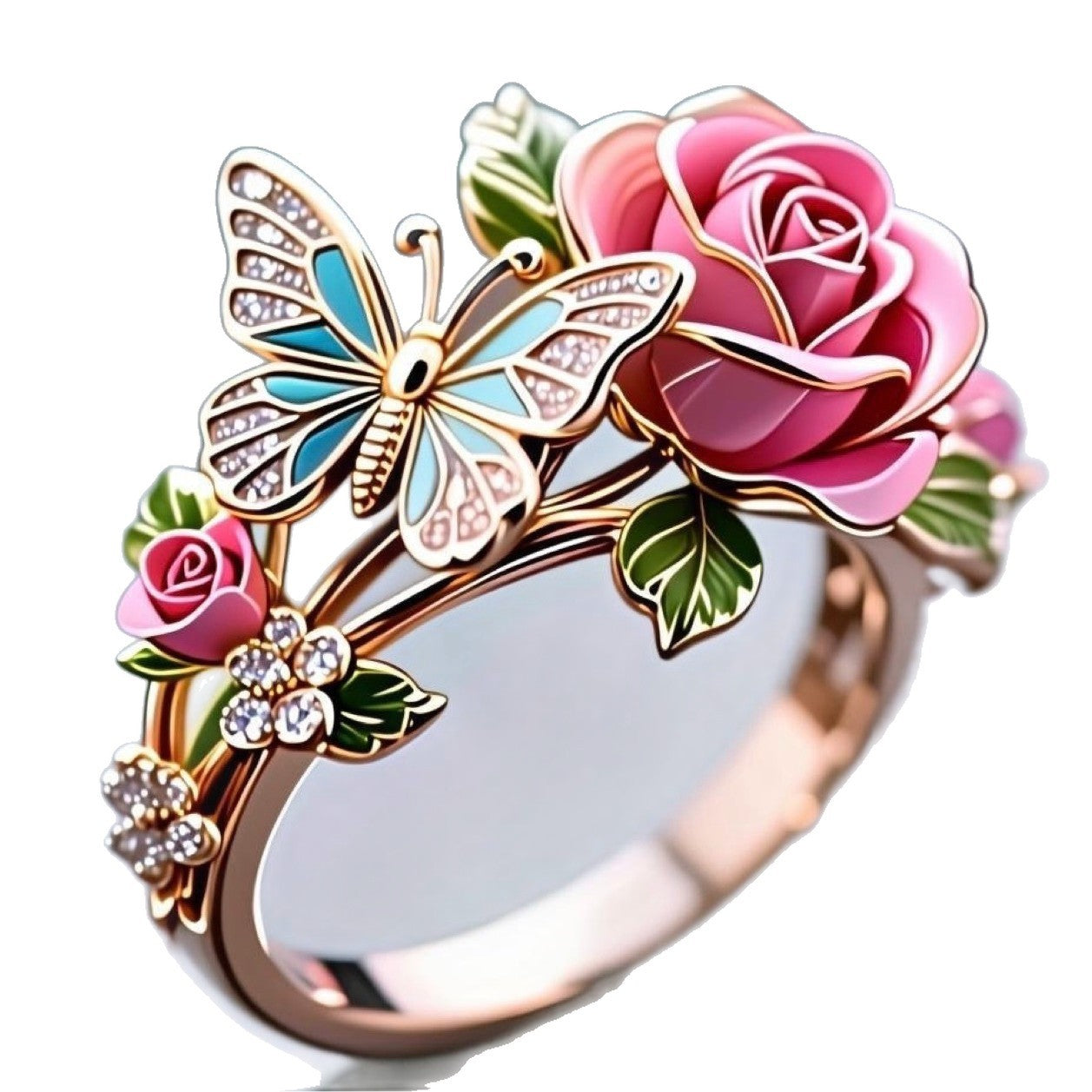 Pastoral Style Enamel Butterfly & Rose Ring