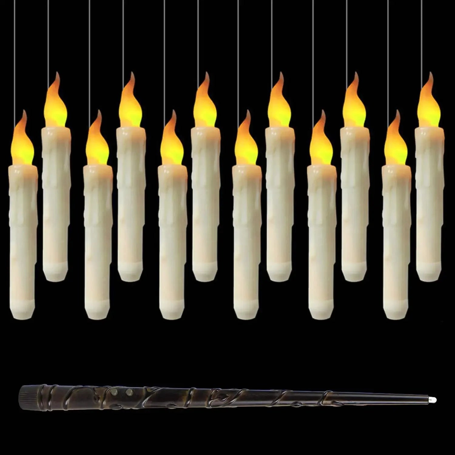 Set of hanging LED candles with a decorative wand on a black background
