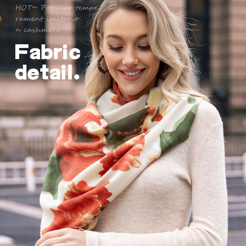Woman wearing a colorful scarf with text about fabric detail.