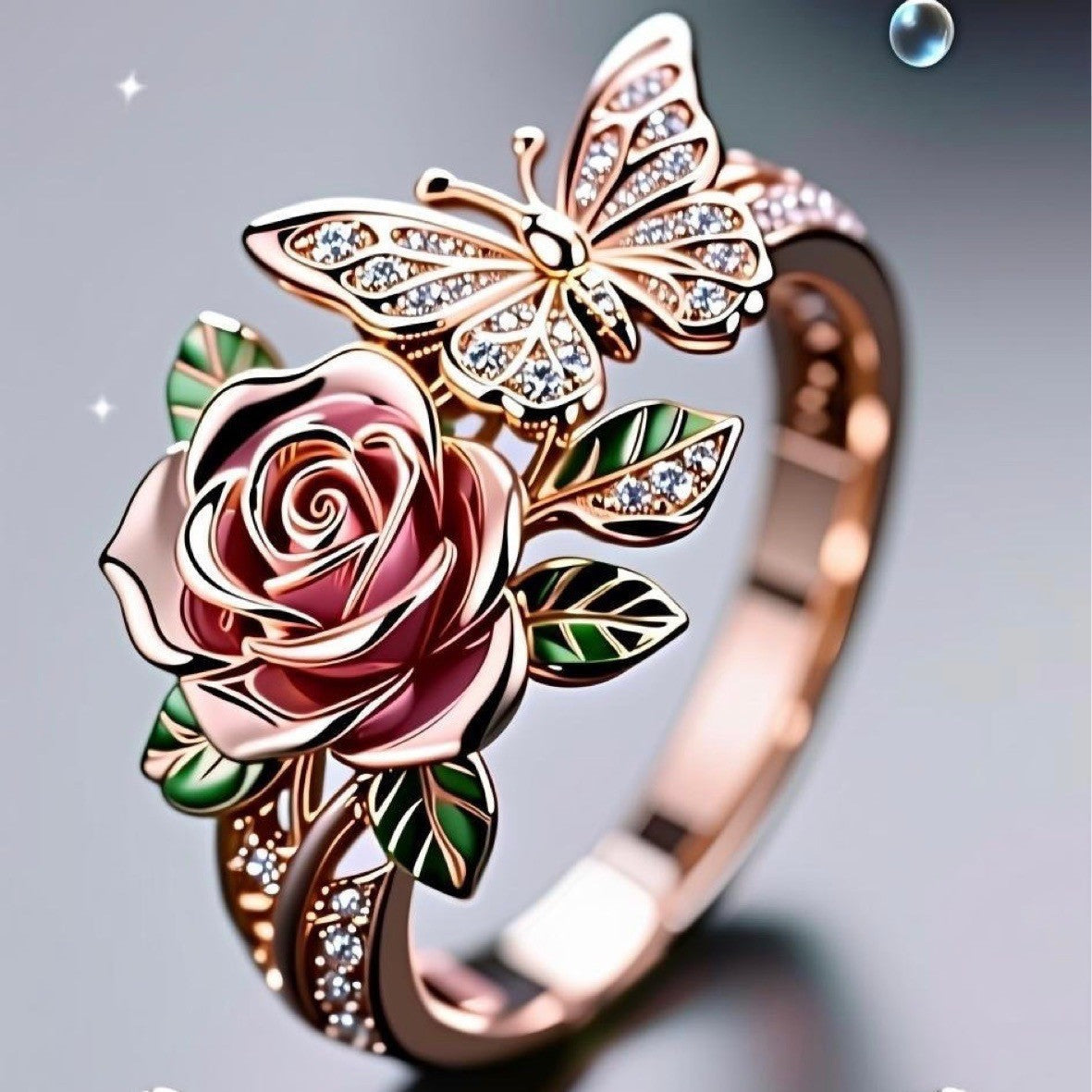 Butterfly & Rose Enamel Statement Ring – Picture Color adjustable rings