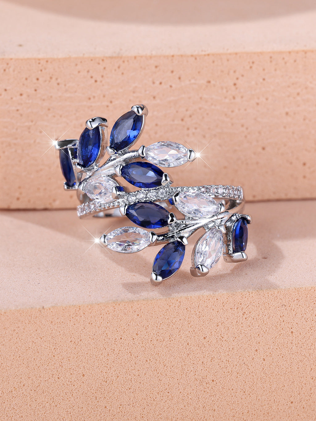 Horse Eye Zircon Leaf Ring – Rose Gold Sapphire Blue Adjustable Opening