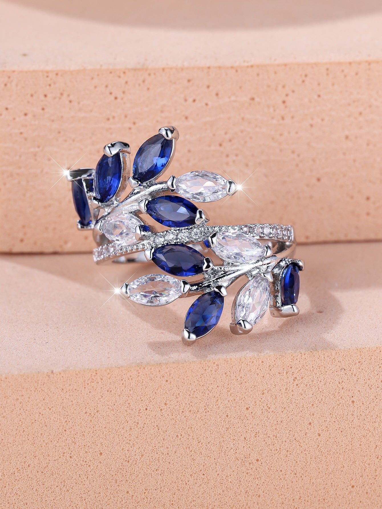 Horse Eye Zircon Leaf Ring – Rose Gold Sapphire Blue Adjustable Opening