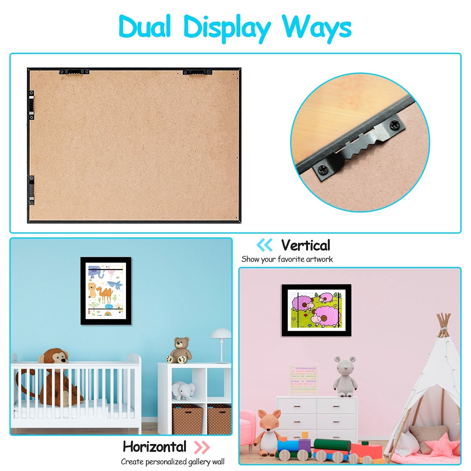Kids Art Display Frames – 2-Pack Front-Opening Wall Frames with Nails (Black or White)
