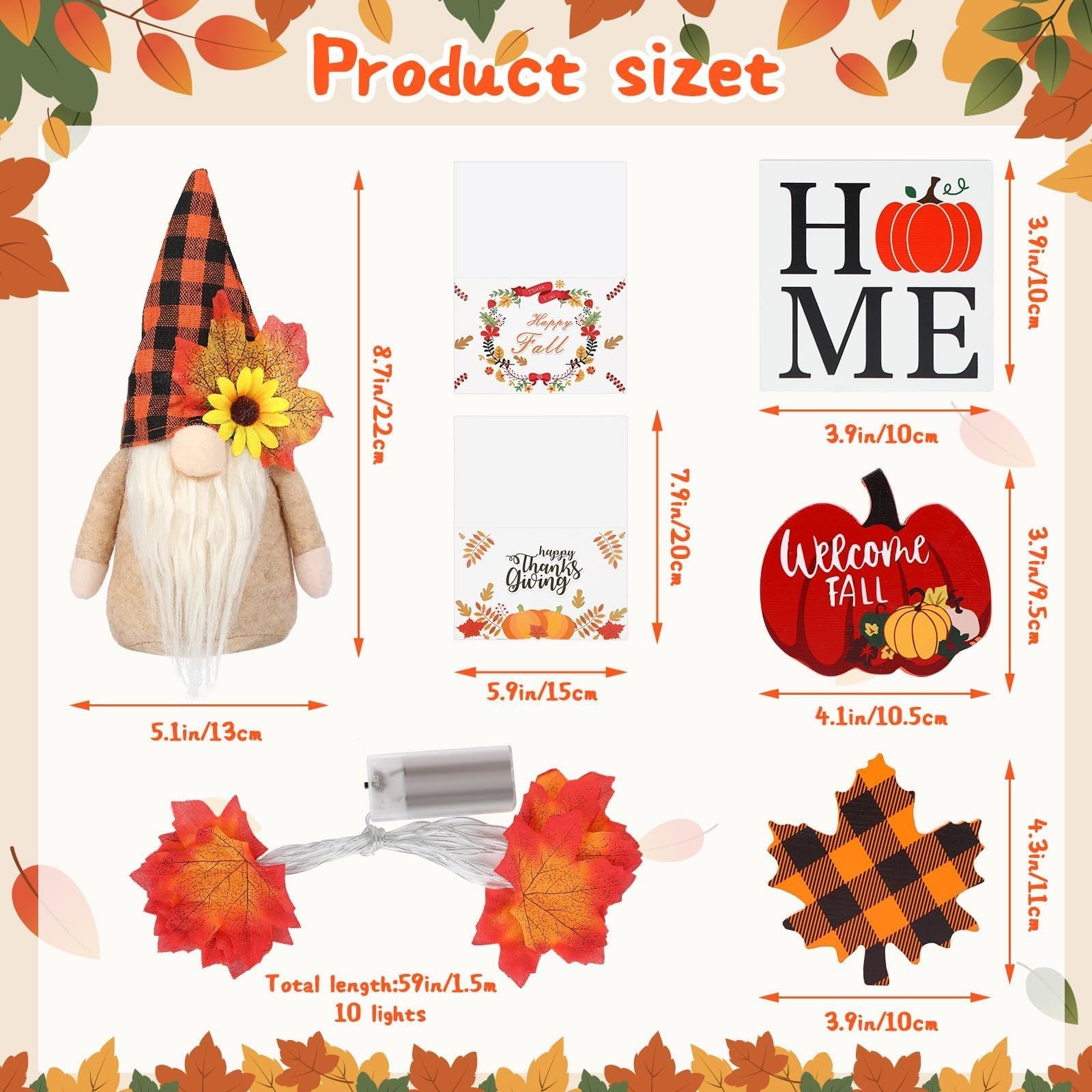 Product size chart with fall-themed items including a gnome, signs, and lights.