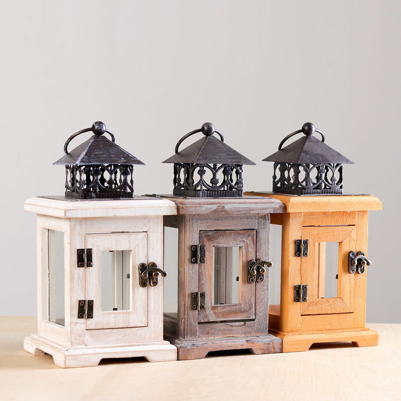 Rustic Wooden Candle Lantern with Iron and Glass – Retro White