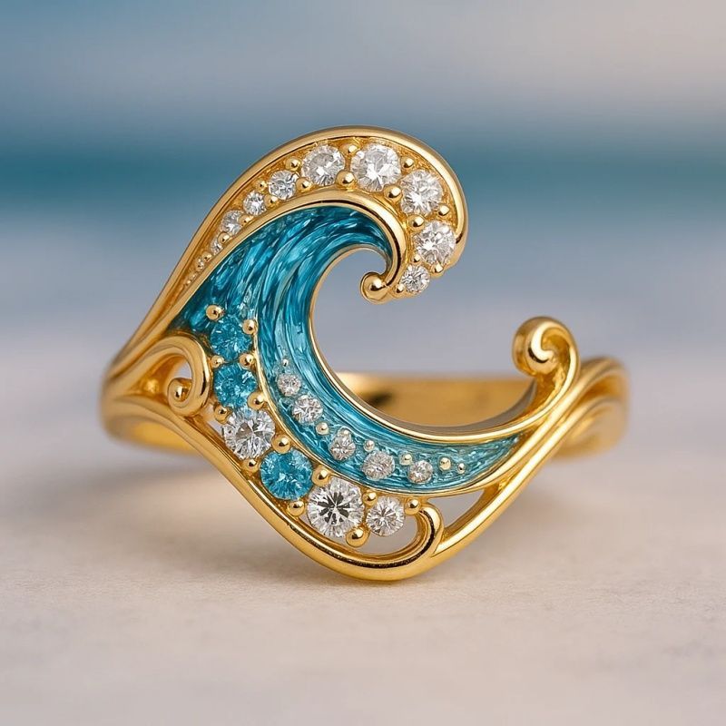Ocean Wave Ring – Gold-Tone Crystal Surf Design – Gold No 7