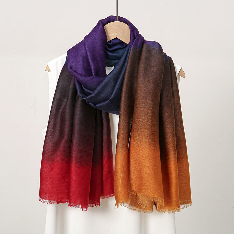 Gradient scarf with purple, blue, red, and orange colors on a white background