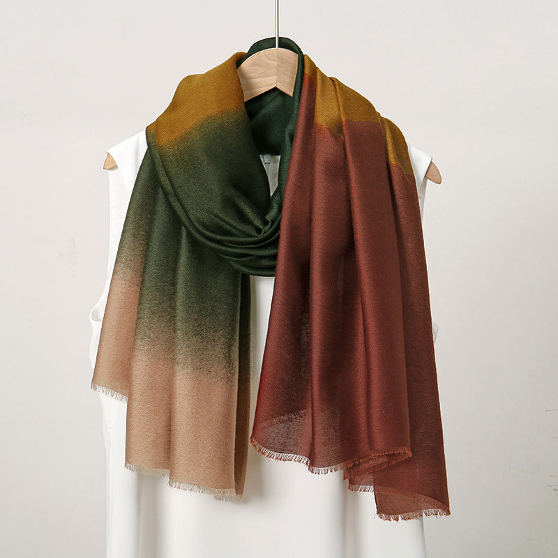 Gradient scarf in green, brown, and beige on a white background