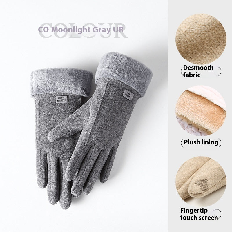 Gray gloves with plush lining and fingertip touch screen on a white background, featuring product details.