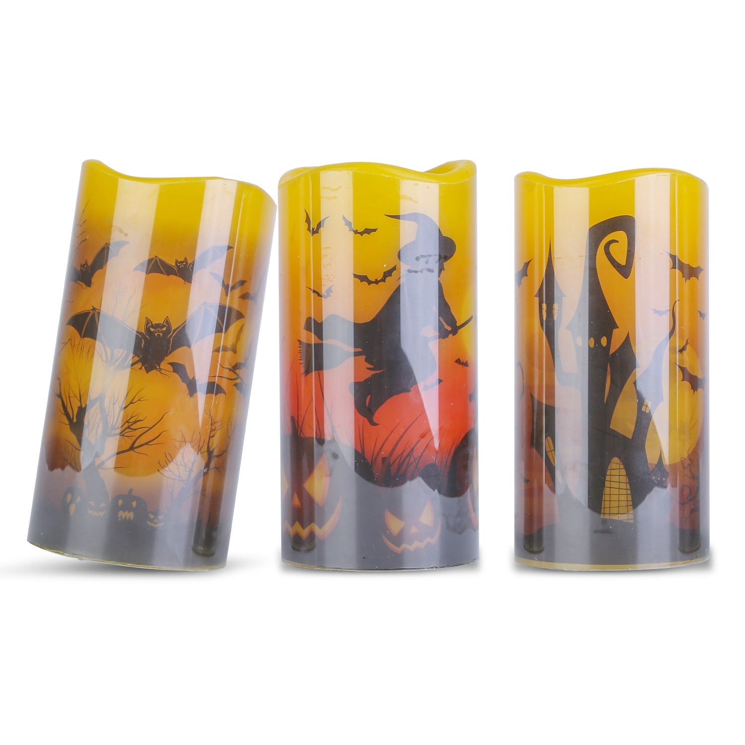 Three Halloween-themed candles with designs of cats, bats, and witches on a white background.