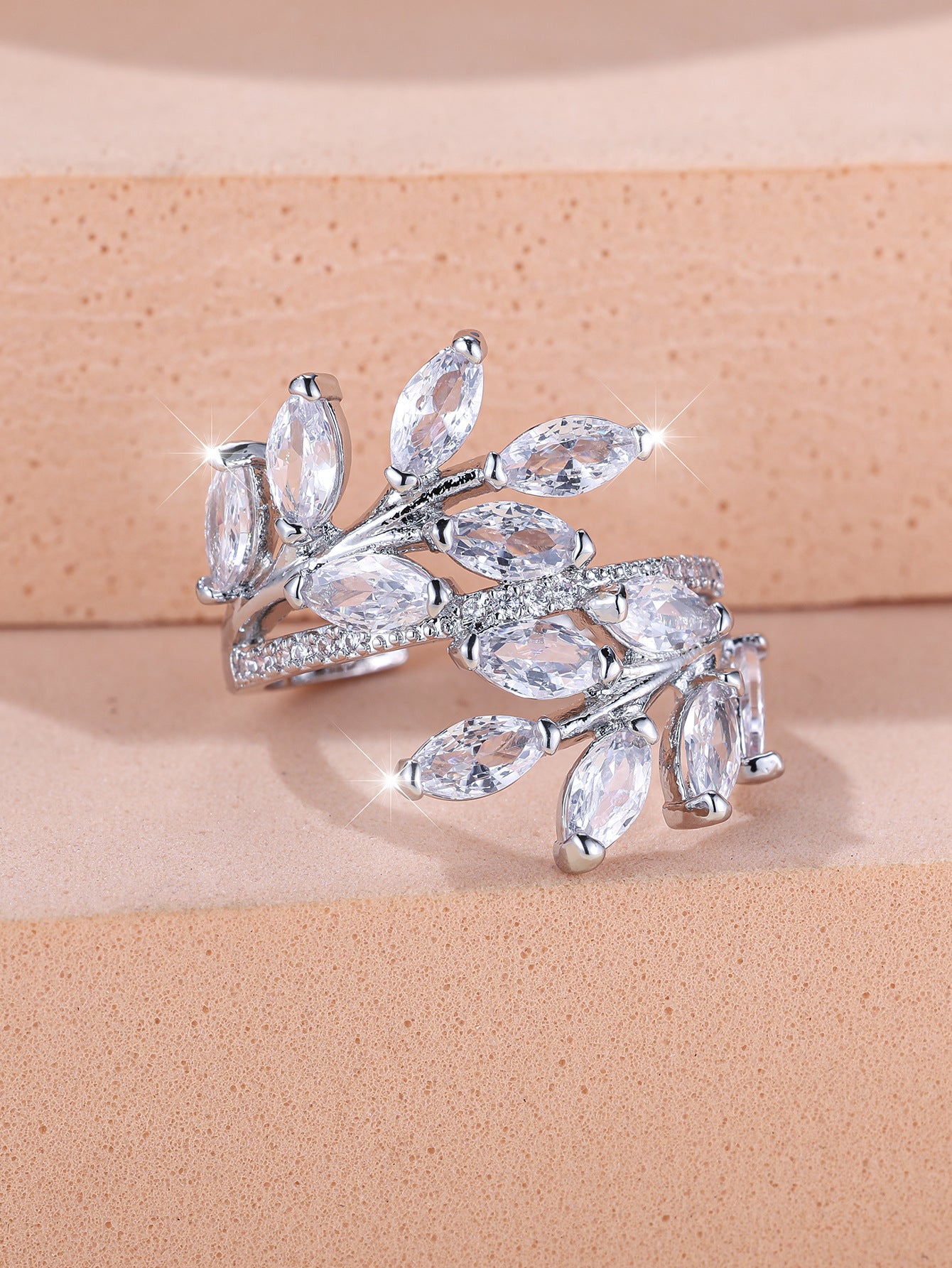 Horse Eye Zircon Leaf Ring – Rose Gold White Lvzuan Adjustable Opening
