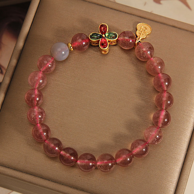 Luxurious Natural Strawberry Quartz Beaded Bracelet with Lucky Charm