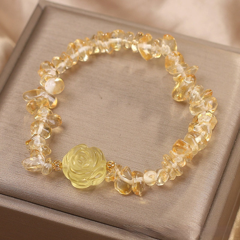 Natural Citrine Gravel Bracelet with Carved Rose Bead