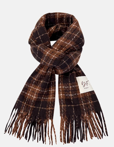 Plaid scarf with fringes on a white background