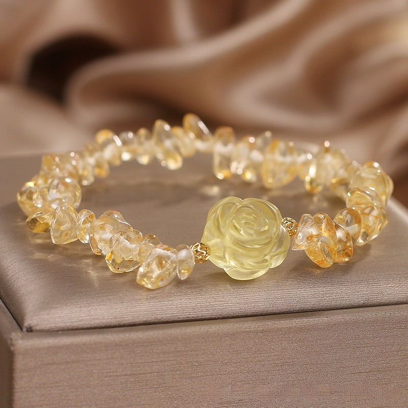 Natural Citrine Gravel Bracelet with Carved Rose Bead