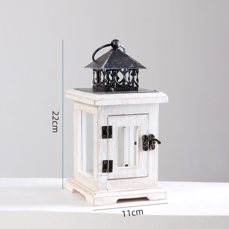 Rustic Wooden Candle Lantern with Iron and Glass