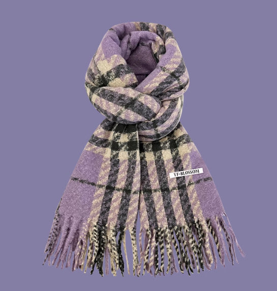 Plaid scarf with fringes on a purple background