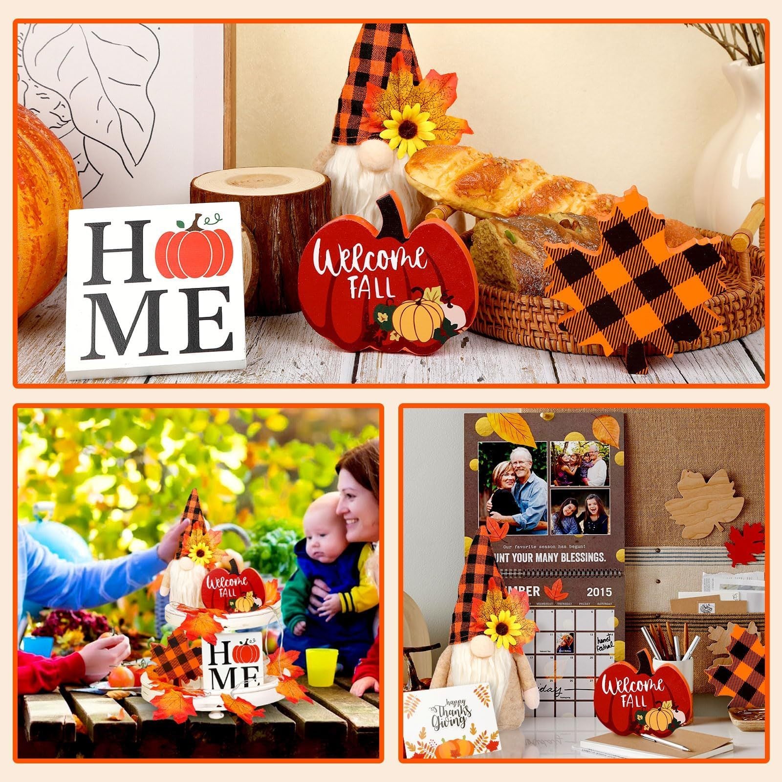 Collage of autumn-themed decor items including signs, pumpkins, and family photos.