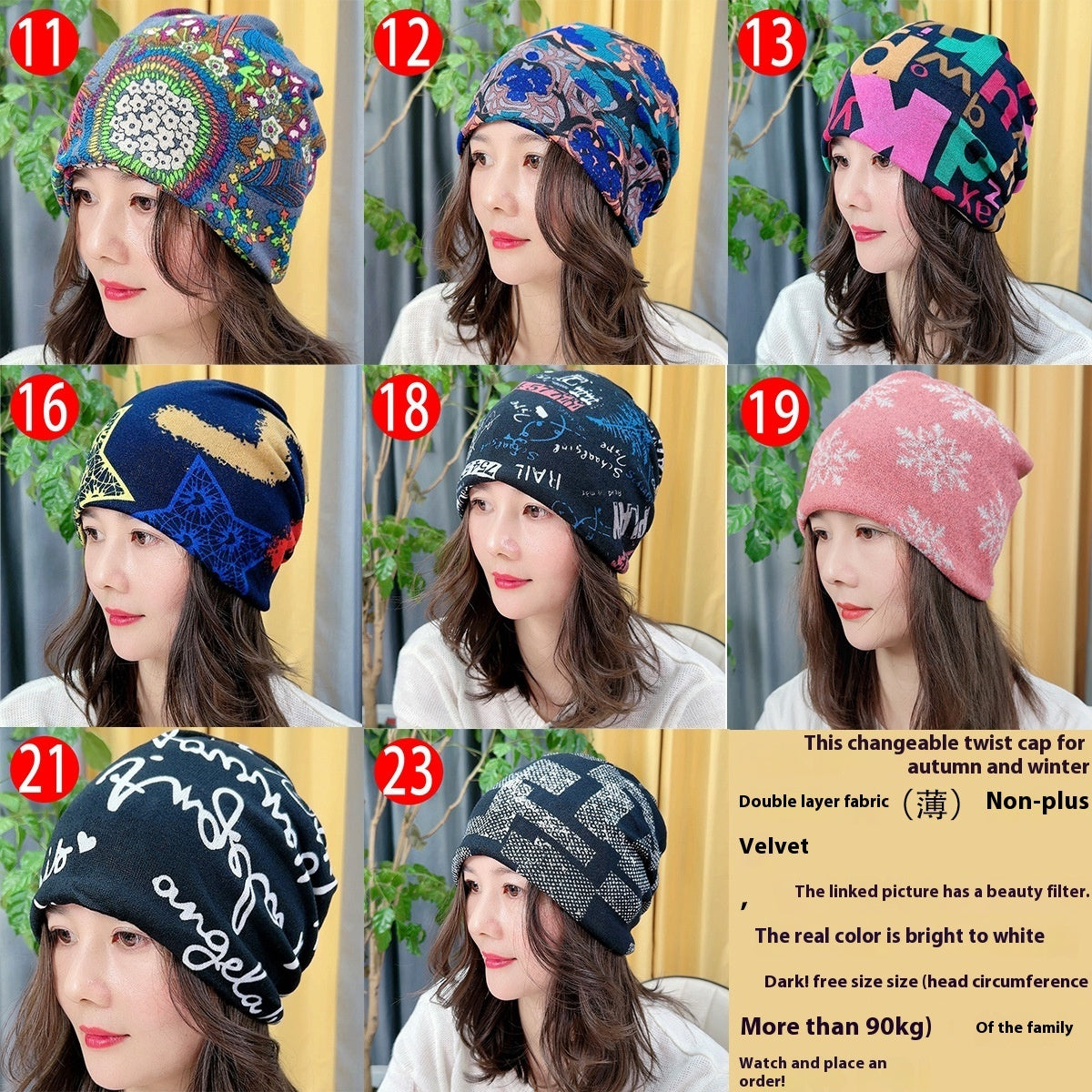 Grid of women wearing colorful beanies with text describing product features.