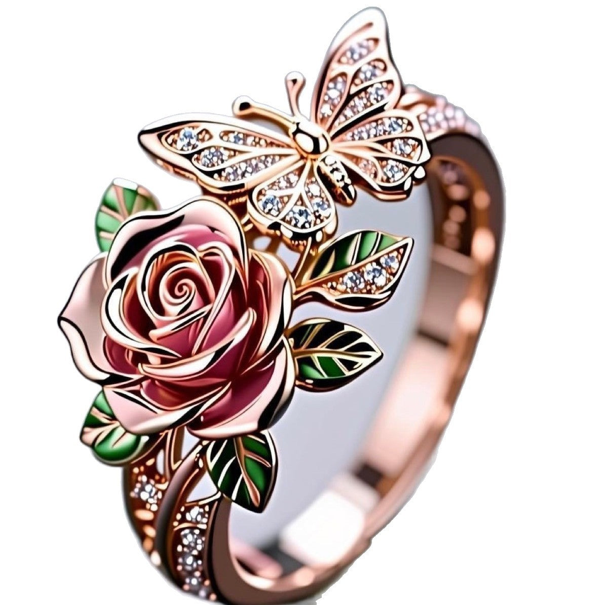 Butterfly & Rose Enamel Statement Ring