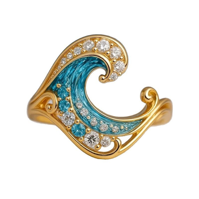 Ocean Wave Ring – Gold-Tone Crystal Surf Design – Gold No 6