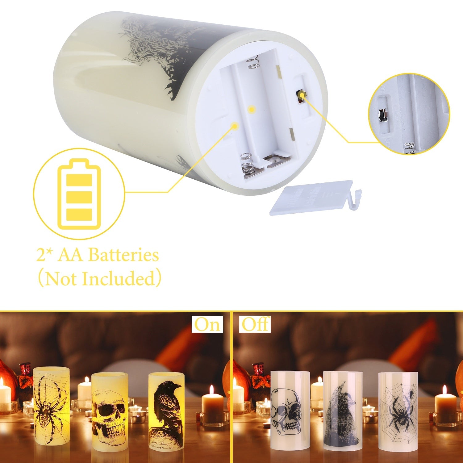 Light-up candle with battery compartment and switch illustration, showing 'On' and 'Off' states.