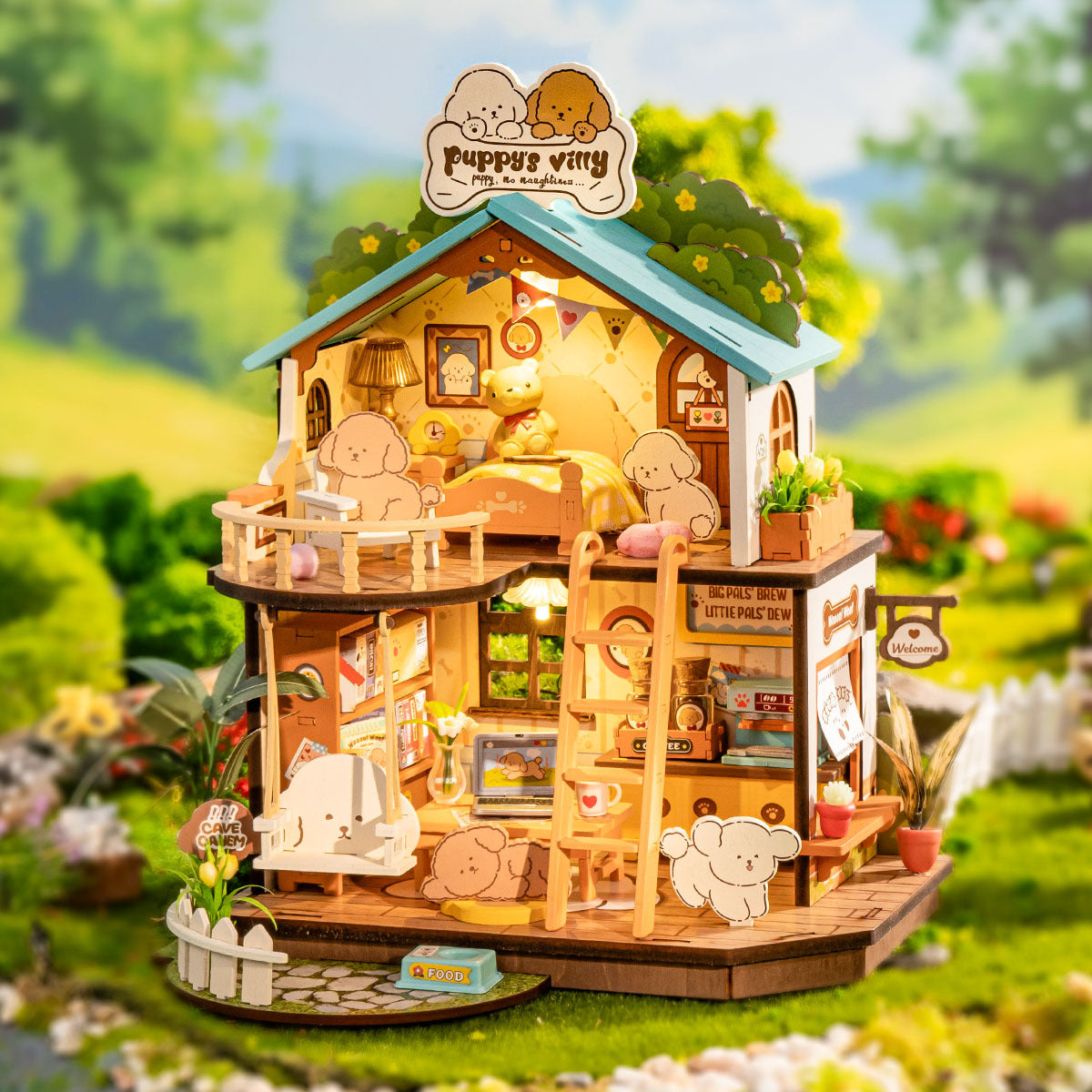 DIY Miniature Dollhouse Kit – Puppy’s Cozy Villa with LED Lights & Furniture – DG169 diy art kits