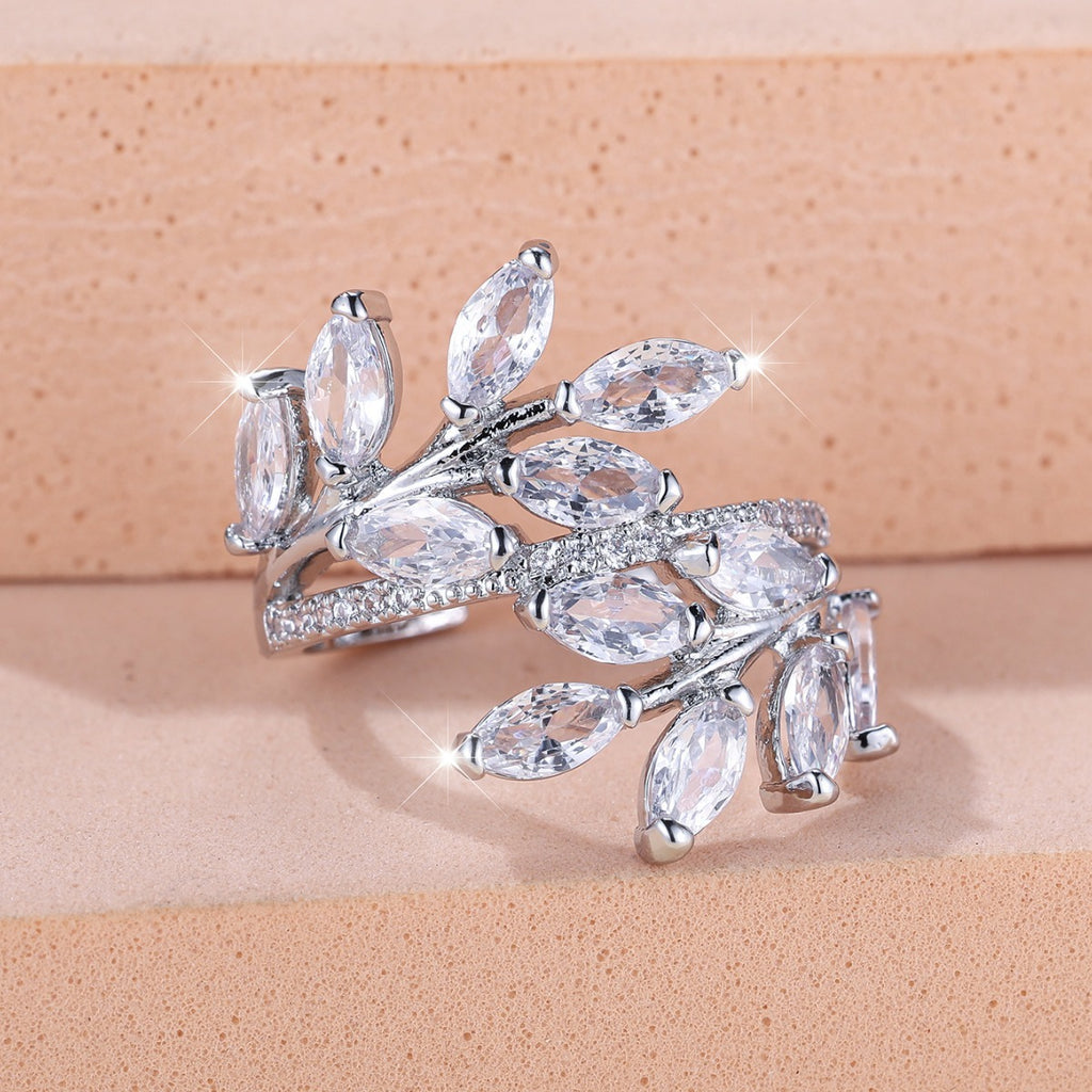 Horse Eye Zircon Leaf Ring – Platinum White Lvzuan Adjustable Opening