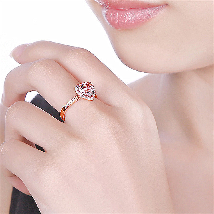 18K Gold Plated Heart Ring – Rose Orange Diamond Style – Rose Gold No 6