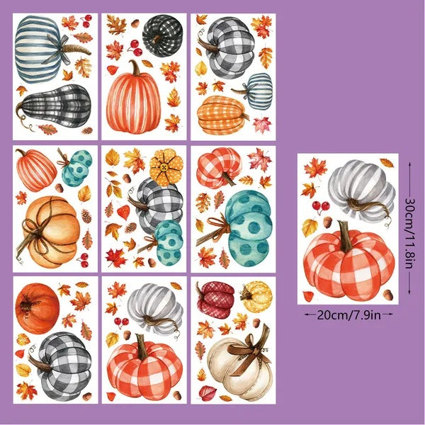 Collection of colorful pumpkin and leaf decals on a purple background with measurements.