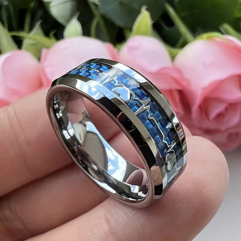 Stainless Steel Heartbeat Ring – Carbon Fiber Inlay – Black On Blue Background No 11