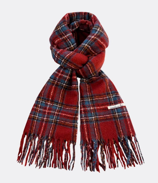 Red plaid scarf with fringes on a light gray background