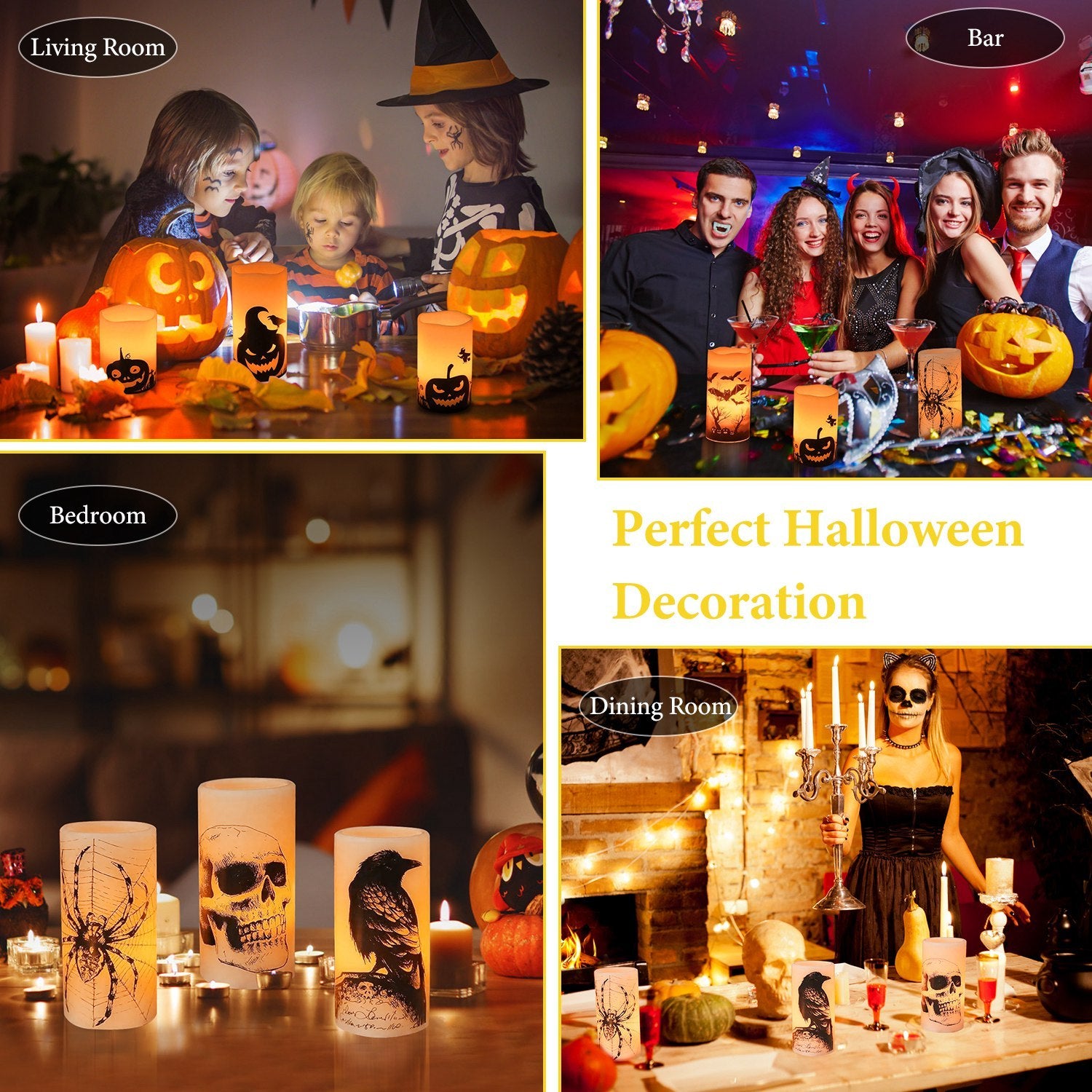 Collage of Halloween decorations in living room, bar, bedroom, and dining room.