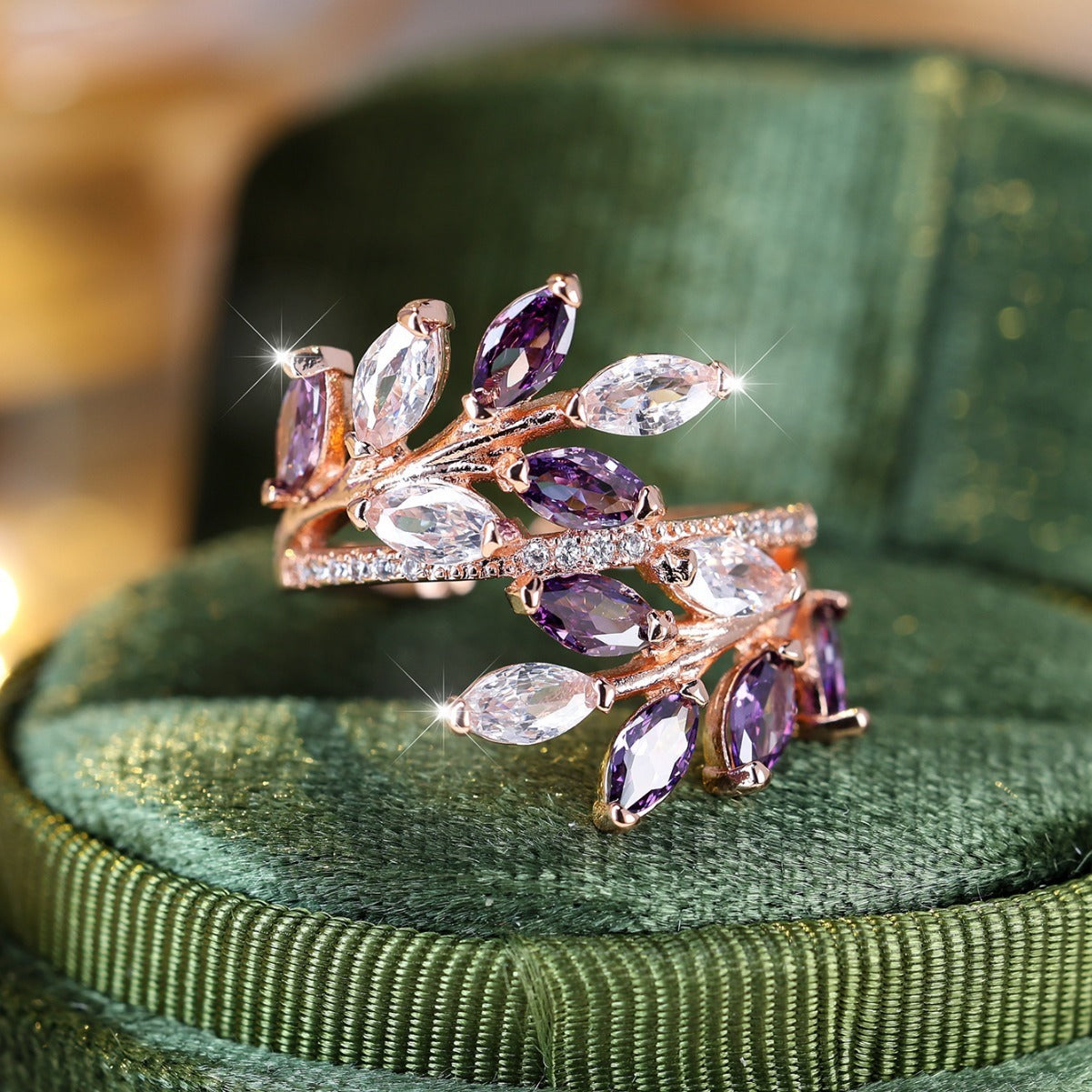 Horse Eye Zircon Leaf Ring – Platinum Sapphire Blue Adjustable Opening rings