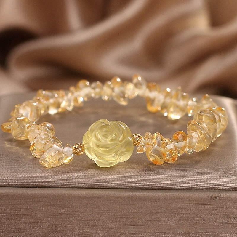 Natural Citrine Gravel Bracelet with Carved Rose Bead