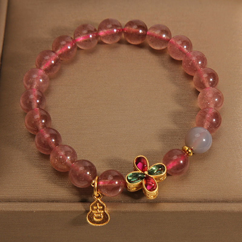 Luxurious Natural Strawberry Quartz Beaded Bracelet with Lucky Charm