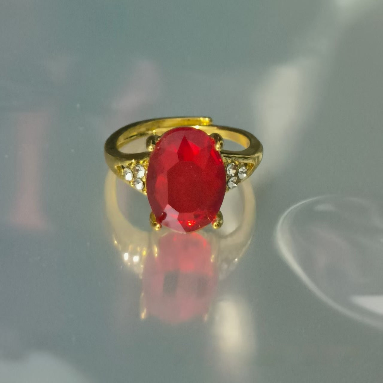 Colorful Zircon Heart Ring – Adjustable Gold-Tone Band – Sky Blue Adjustable Opening