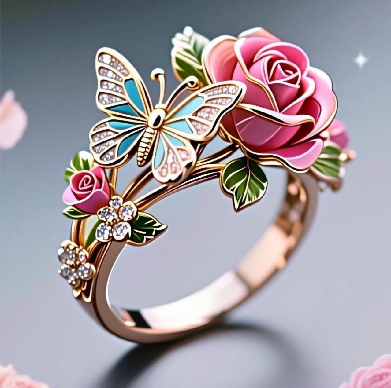 Pastoral Style Enamel Butterfly & Rose Ring
