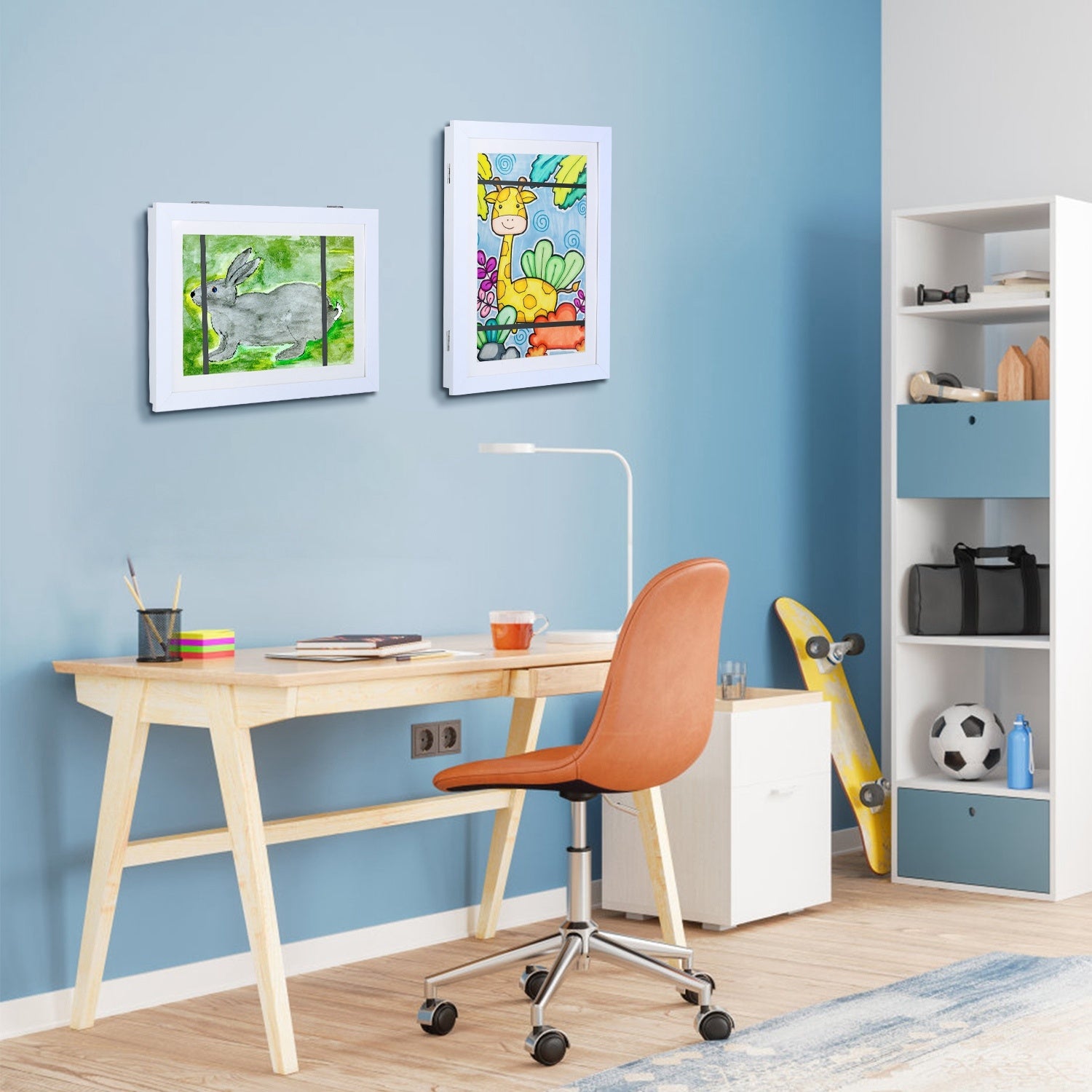 Kids Art Display Frames – 2-Pack Front-Opening Wall Frames with Nails (Black or White) – White A4
