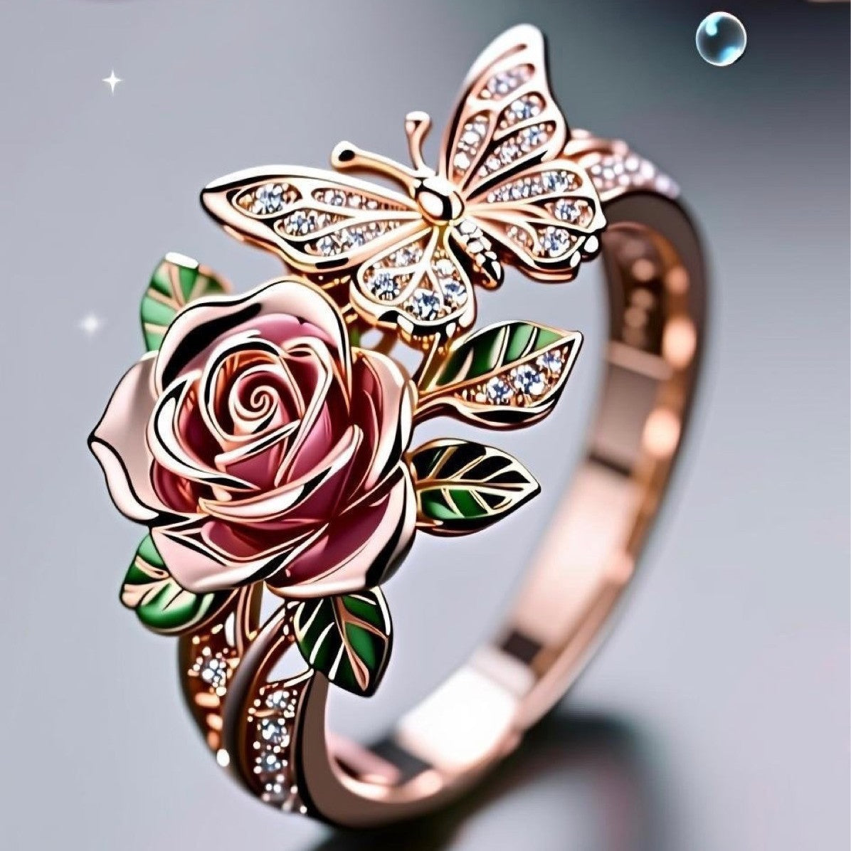 Butterfly & Rose Enamel Statement Ring
