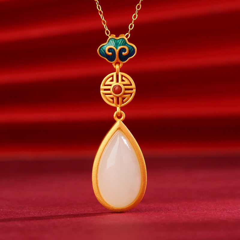 Vintage Water Drop Pendant Necklace – Gold & Jade Inspired – Gold Copper necklace