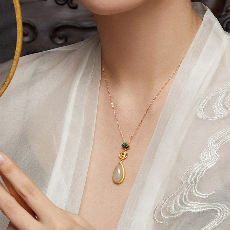 Vintage Water Drop Pendant Necklace – Gold & Jade Inspired