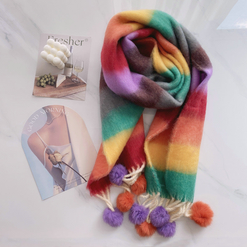 Rainbow Mohair Tassel Scarf – 4color Above 175cm