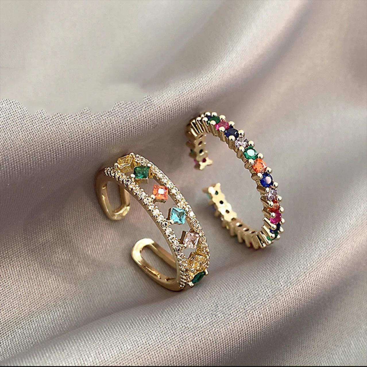 Rainbow Gem Double-Layer Adjustable Ring Set – 2 Pieces