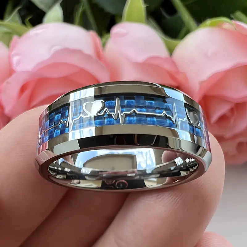 Stainless Steel Heartbeat Ring – Carbon Fiber Inlay – Black On Blue Background No 8