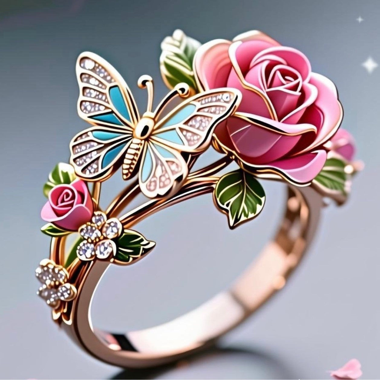 Pastoral Style Enamel Butterfly & Rose Ring