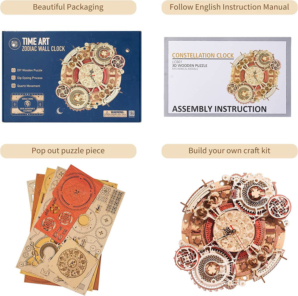 ROKR Zodiac Wooden Clock 3D Puzzle Kit – Functional Wall Art